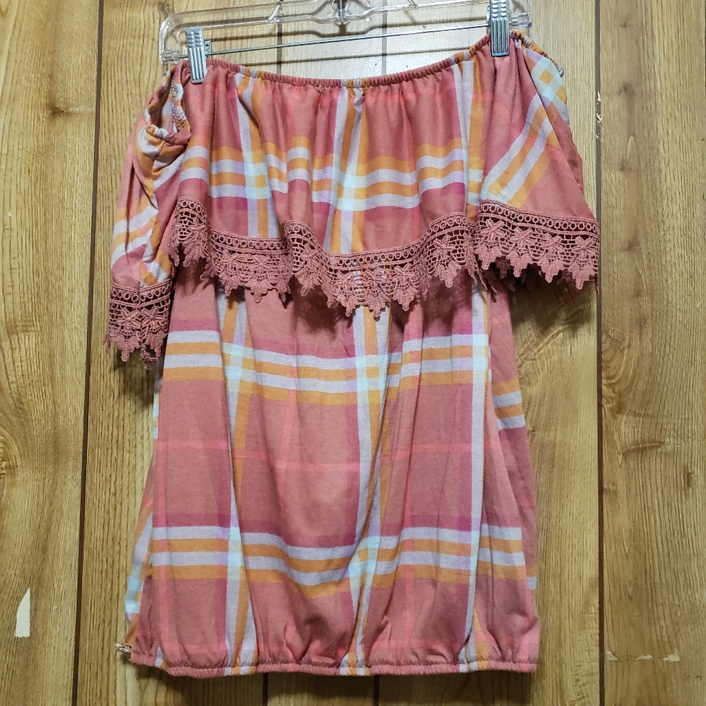 Blouse Off Shoulder Dusty Rose Top Lace Paper and Tee 2XL plaid